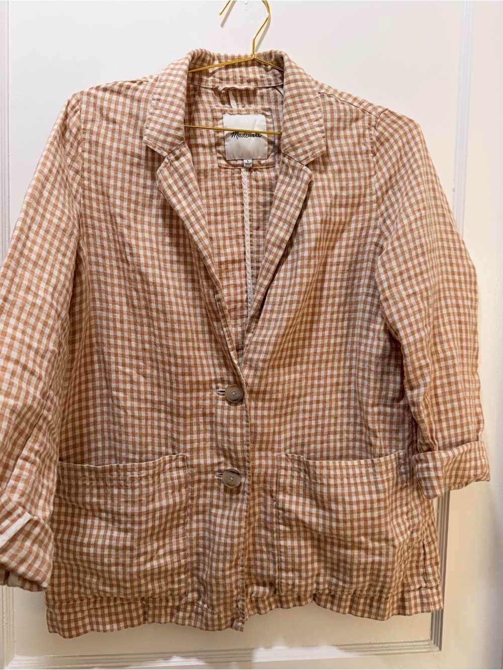 Madewell Linen Dorset Blazer in Gingham Check Tan Size Large